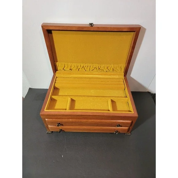 Vintage Wooden Jewelry Box Chest Organizer Yellow Felt Lined 2 Drawer Open Top - Picture 3 of 16